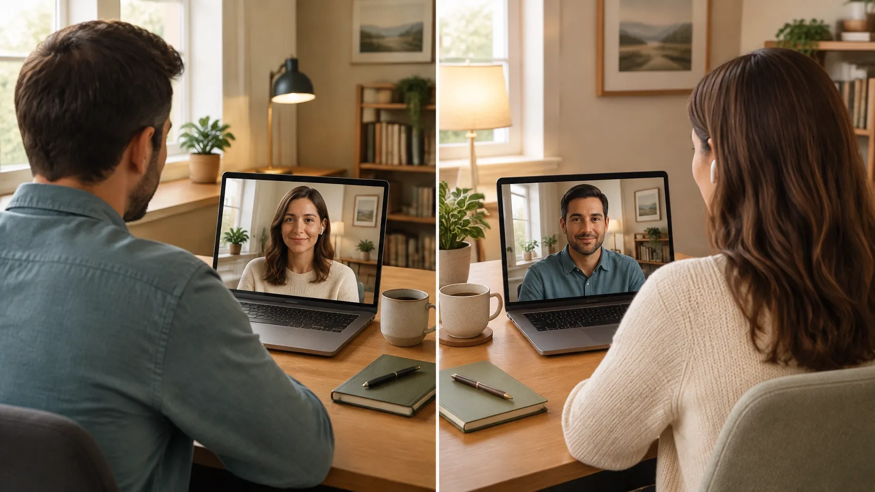 A telehealth counseling session between a counselor and a client, each seen over their shoulder at their own desk, with the other person visible on their screen.