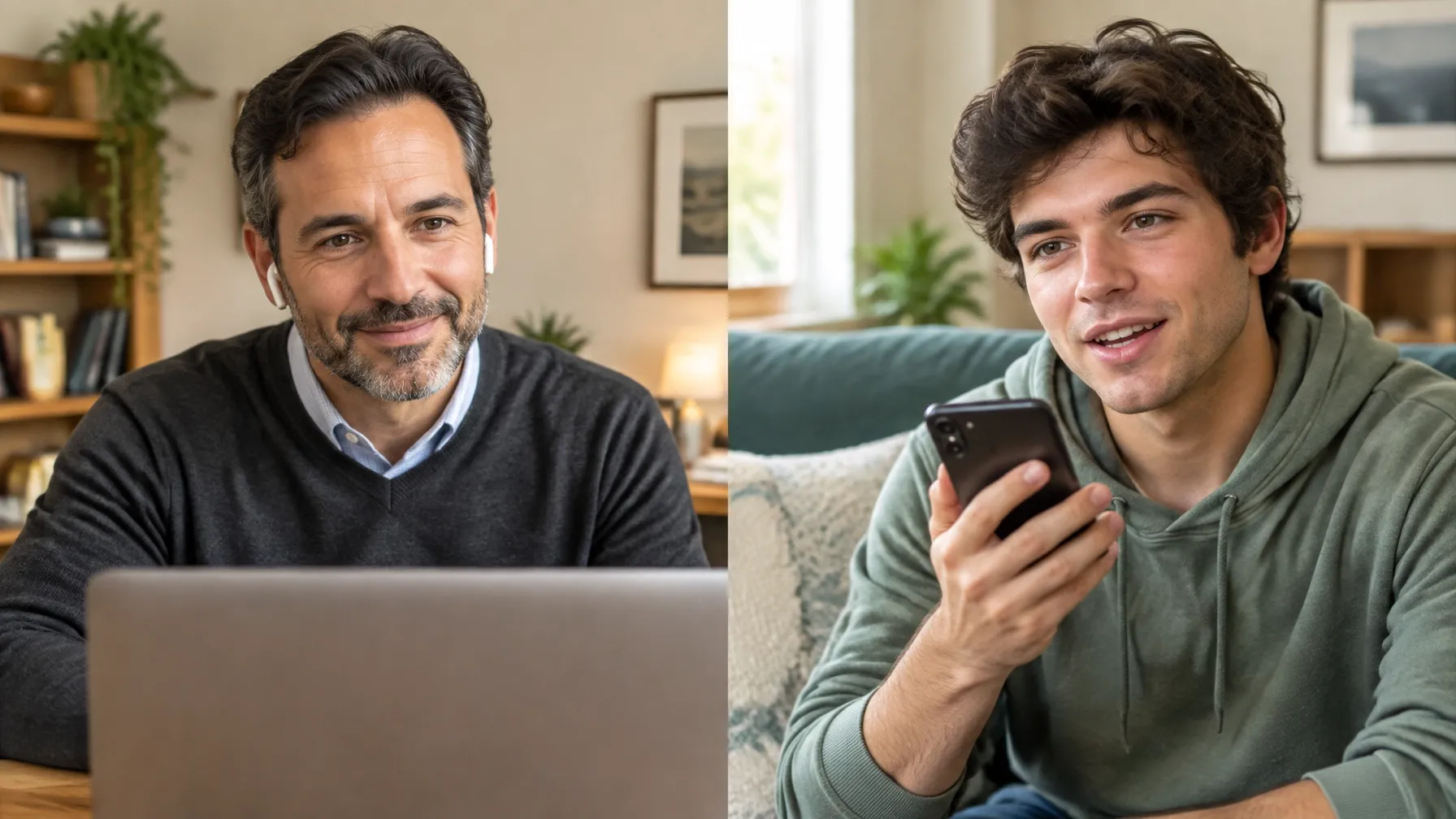 Telehealth counseling session with a male counselor speaking to his computer and a young adult client speaking from home on a cell phone