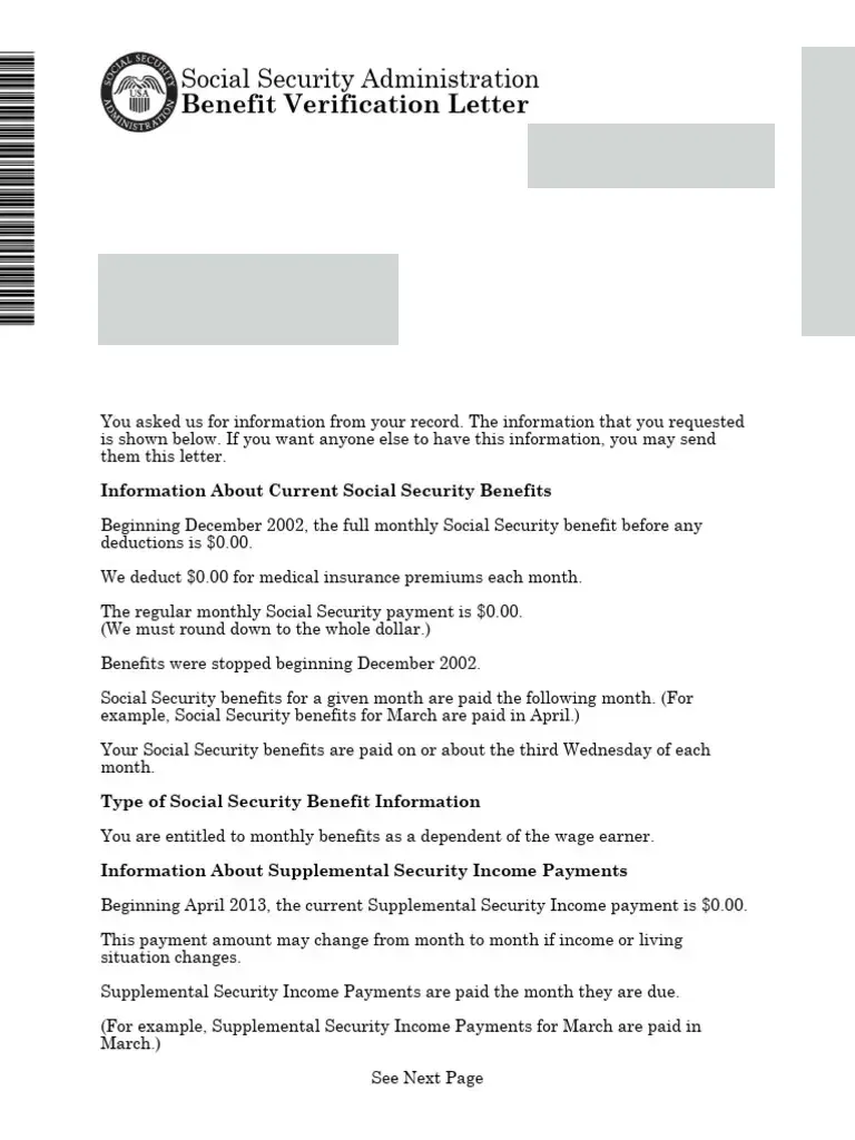 Sample Social Security Administration Benefit Verification Letter with the recipient name, address, date, and reference numbers removed