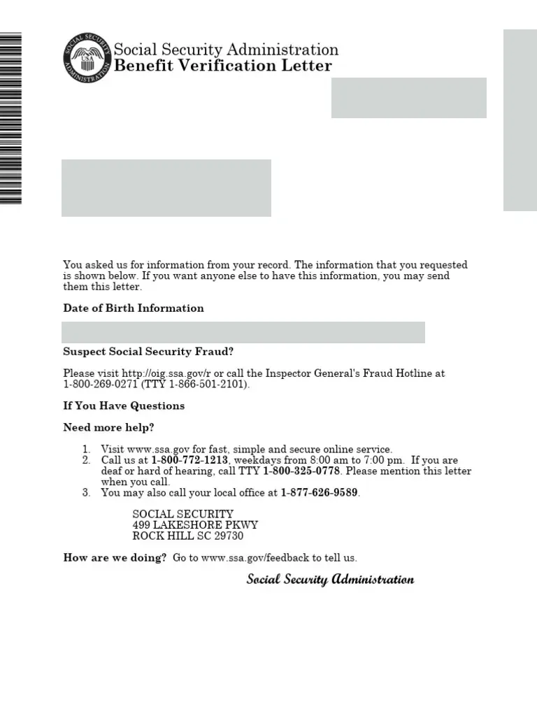 Sample Social Security Administration Benefit Verification Letter showing benefit type and amount, with personal details and date of birth removed