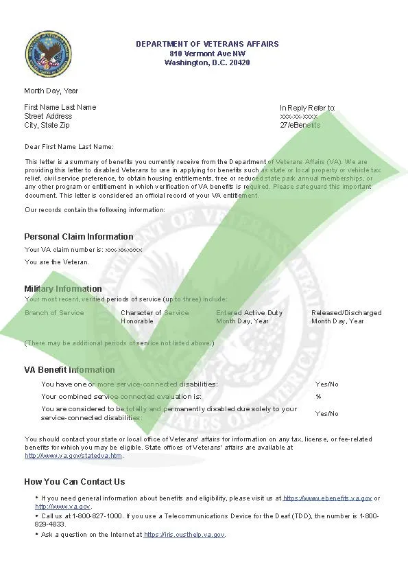 Sample Department of Veterans Affairs Benefit Summary and Service Verification Letter with personal details removed